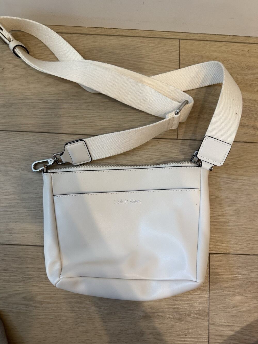 Calvin Klein White CK Monogram Crossbody Zip Top Adjustable Strap Small